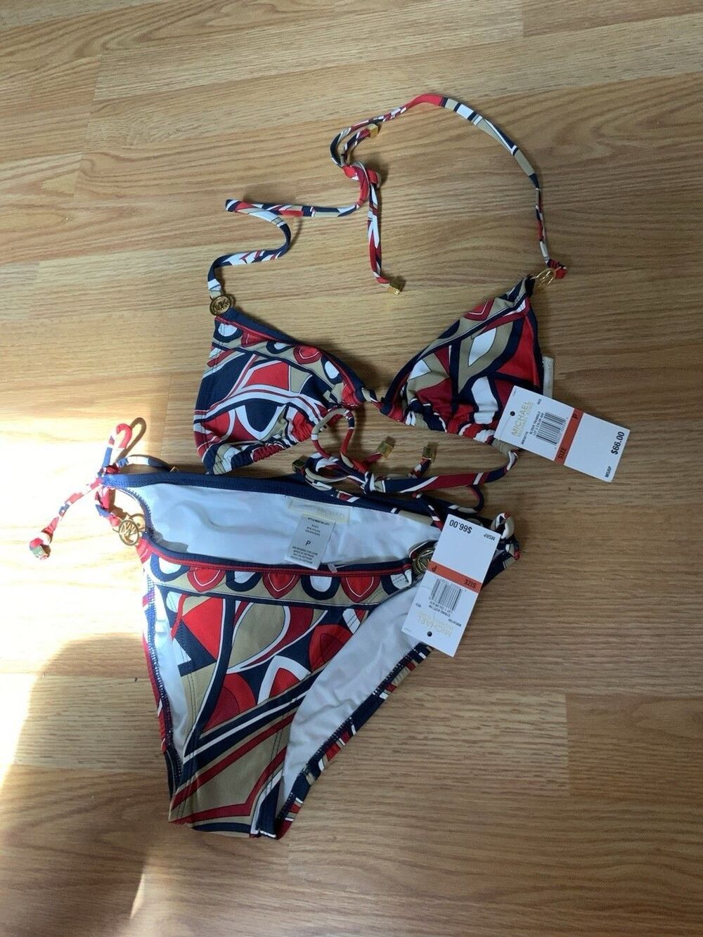 NWT Michael Kors Geometric Print Bikini Set Triangle Top String Bottom Size P